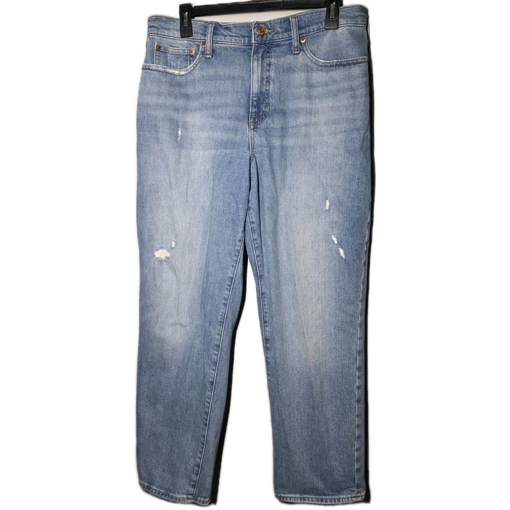 J Crew Classic Straight Jeans Women 30 Blue High Rise Distressed Stretch Staple